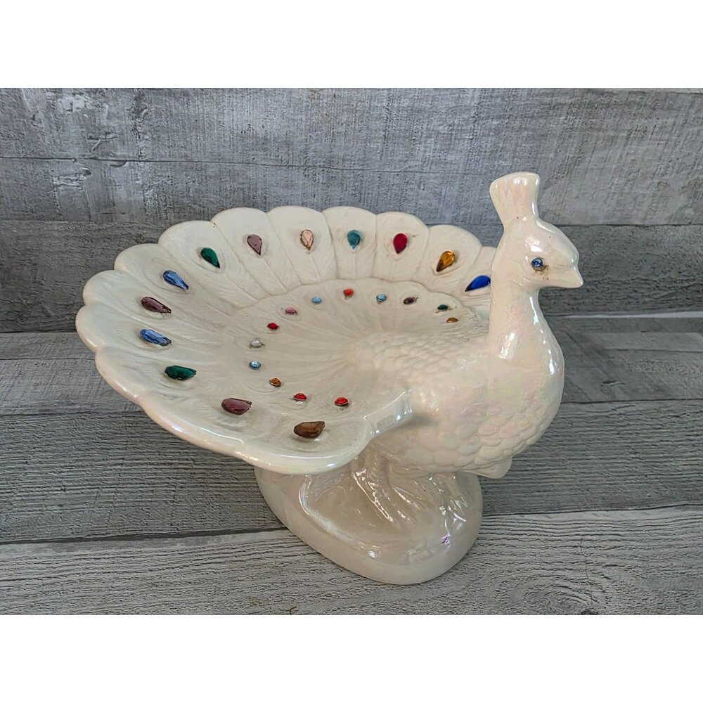 Vtg Holland Mold Ceramic Peacock Candy Trinket Soap Dish Rhinestone Accents